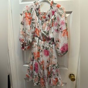 Floral Smocked Waist Tiered Midi Dress - White with Pink & Orange Flowers